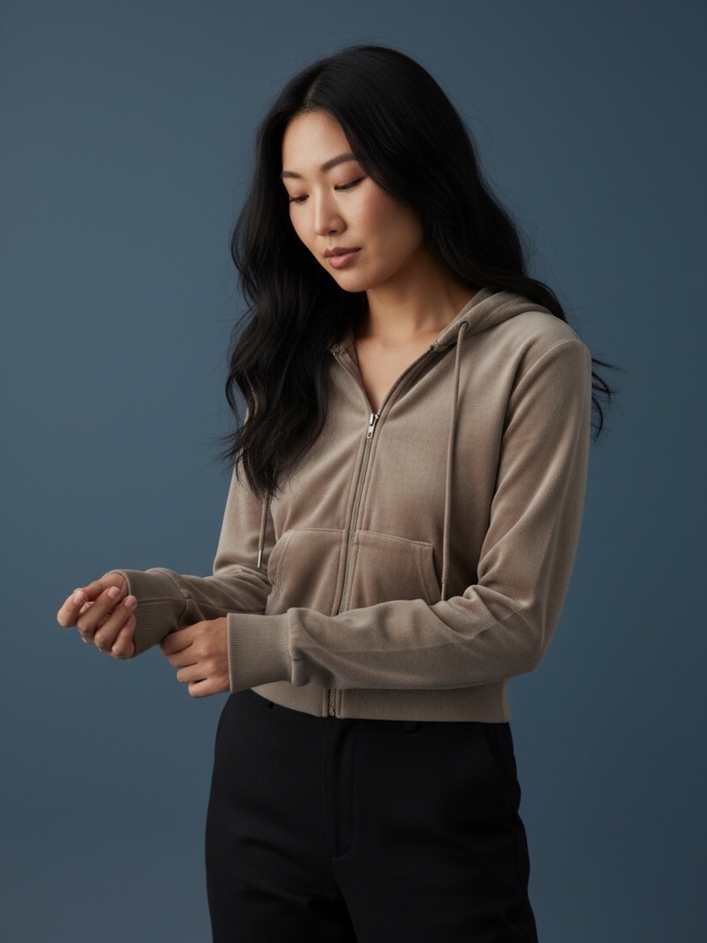 Velour Cropped Zip-Up Taupe Tan Grey Hoodie
